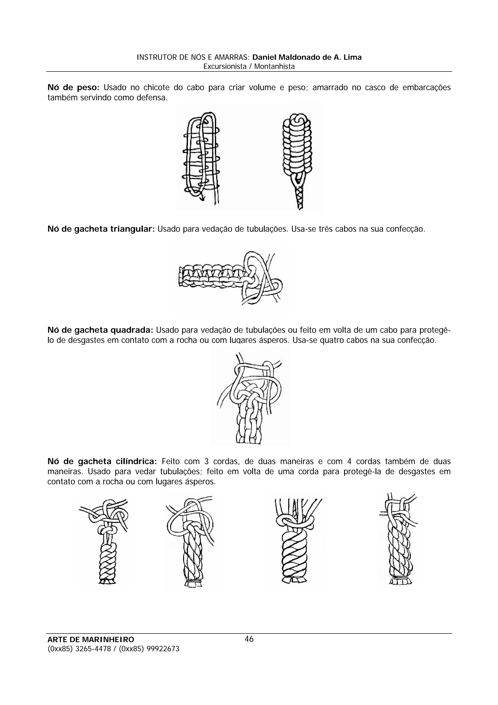 INSTRUTOR DE NÓS E AMARRAS: Daniel Maldonado de A. Lima
                                       Excursionista / Montanhista

Nó de peso: Usado no chicote do cabo para criar volume e peso; amarrado no casco de embarcações
também servindo como defensa.




Nó de gacheta triangular: Usado para vedação de tubulações. Usa-se três cabos na sua confecção.




Nó de gacheta quadrada: Usado para vedação de tubulações ou feito em volta de um cabo para protegê-
lo de desgastes em contato com a rocha ou com lugares ásperos. Usa-se quatro cabos na sua confecção.




Nó de gacheta cilíndrica: Feito com 3 cordas, de duas maneiras e com 4 cordas também de duas
maneiras. Usado para vedar tubulações; feito em volta de uma corda para protegê-la de desgastes em
contato com a rocha ou com lugares ásperos.




ARTE DE MARINHEIRO                                46
(0xx85) 3265-4478 / (0xx85) 99922673
 