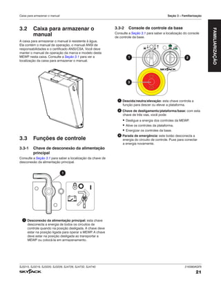 SJ3215, SJ3219, SJ3220, SJ3226, SJ4726, SJ4732, SJ4740 216380AGFA
21
Caixa para armazenar o manual Seção 3 – Familiarização
3.2 Caixa para armazenar o
manual
A caixa para armazenar o manual é resistente à água.
Ela contém o manual de operação, o manual ANSI de
responsabilidades e o certificado ANSI/CSA. Você deve
manter o manual de operação da marca e modelo desta
MEWP nesta caixa. Consulte a Seção 3.1 para ver a
localização da caixa para armazenar o manual.
3.3 Funções de controle
3.3‑1 Chave de desconexão da alimentação
principal
Consulte a Seção 3.1 para saber a localização da chave de
desconexão da alimentação principal.
1
1 Desconexão da alimentação principal: esta chave
desconecta a energia de todos os circuitos de
controle quando na posição desligada. A chave deve
estar na posição ligada para operar a MEWP
. A chave
deve estar na posição desligada ao transportar a
MEWP ou colocá-la em armazenamento.
3.3‑2 Console de controle da base
Consulte a Seção 3.1 para saber a localização do console
de controle da base.
2
1
3
1 Descida/neutra/elevação: esta chave controla a
função para descer ou elevar a plataforma.
2 Chave de desligamento/plataforma/base: com esta
chave de três vias, você pode:
▪ Desligue a energia dos controles da MEWP
.
▪ Ative os controles da plataforma.
▪ Energizar os controles da base.
3 Parada de emergência: este botão desconecta a
energia do circuito de controle. Puxe para conectar
a energia novamente.
FAMILIARIZAÇÃO
 