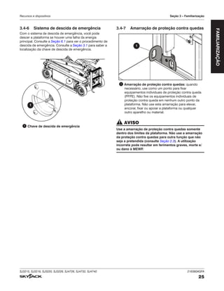 SJ3215, SJ3219, SJ3220, SJ3226, SJ4726, SJ4732, SJ4740 216380AGFA
25
Recursos e dispositivos Seção 3 – Familiarização
3.4‑6 Sistema de descida de emergência
Com o sistema de descida de emergência, você pode
descer a plataforma se houver uma falha da energia
principal. Consulte a Seção 6.1 para ver o procedimento de
descida de emergência. Consulte a Seção 3.1 para saber a
localização da chave de descida de emergência.
1
1 Chave de descida de emergência
3.4‑7 Amarração de proteção contra quedas
1
1 Amarração de proteção contra quedas: quando
necessário, use como um ponto para fixar
equipamentos individuais de proteção contra queda
(PFPE). Não fixe os equipamentos individuais de
proteção contra queda em nenhum outro ponto da
plataforma. Não use esta amarração para elevar,
ancorar, fixar ou apoiar a plataforma ou qualquer
outro aparelho ou material.
AVISO
Use a amarração de proteção contra quedas somente
dentro dos limites da plataforma. Não use a amarração
da proteção contra quedas para outra função que não
seja a pretendida (consulte Seção 2.3). A utilização
incorreta pode resultar em ferimentos graves, morte e/
ou dano à MEWP
.
FAMILIARIZAÇÃO
 