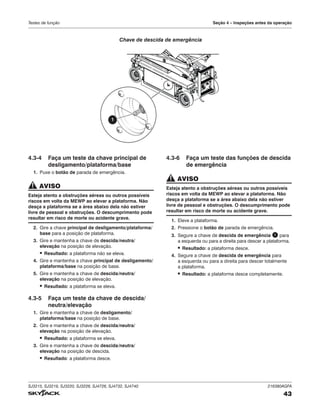 SJ3215, SJ3219, SJ3220, SJ3226, SJ4726, SJ4732, SJ4740 216380AGFA
43
Testes de função Seção 4 – Inspeções antes da operação
4.3‑4 Faça um teste da chave principal de
desligamento/plataforma/base
1. Puxe o botão de parada de emergência.
AVISO
Esteja atento a obstruções aéreas ou outros possíveis
riscos em volta da MEWP ao elevar a plataforma. Não
desça a plataforma se a área abaixo dela não estiver
livre de pessoal e obstruções. O descumprimento pode
resultar em risco de morte ou acidente grave.
2. Gire a chave principal de desligamento/plataforma/
base para a posição de plataforma.
3. Gire e mantenha a chave de descida/neutra/
elevação na posição de elevação.
▪ Resultado: a plataforma não se eleva.
4. Gire e mantenha a chave principal de desligamento/
plataforma/base na posição de base.
5. Gire e mantenha a chave de descida/neutra/
elevação na posição de elevação.
▪ Resultado: a plataforma se eleva.
4.3‑5 Faça um teste da chave de descida/
neutra/elevação
1. Gire e mantenha a chave de desligamento/
plataforma/base na posição de base.
2. Gire e mantenha a chave de descida/neutra/
elevação na posição de elevação.
▪ Resultado: a plataforma se eleva.
3. Gire e mantenha a chave de descida/neutra/
elevação na posição de descida.
▪ Resultado: a plataforma desce.
4.3‑6 Faça um teste das funções de descida
de emergência
AVISO
Esteja atento a obstruções aéreas ou outros possíveis
riscos em volta da MEWP ao elevar a plataforma. Não
desça a plataforma se a área abaixo dela não estiver
livre de pessoal e obstruções. O descumprimento pode
resultar em risco de morte ou acidente grave.
1. Eleve a plataforma.
2. Pressione o botão de parada de emergência.
3. Segure a chave de descida de emergência 1 para
a esquerda ou para a direita para descer a plataforma.
▪ Resultado: a plataforma desce.
4. Segure a chave de descida de emergência para
a esquerda ou para a direita para descer totalmente
a plataforma.
▪ Resultado: a plataforma desce completamente.
1
Chave de descida de emergência
 