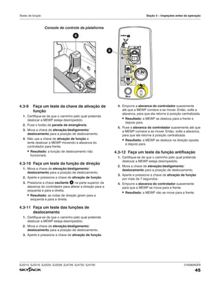 SJ3215, SJ3219, SJ3220, SJ3226, SJ4726, SJ4732, SJ4740 216380AGFA
45
Testes de função Seção 4 – Inspeções antes da operação
4.3‑9 Faça um teste da chave de ativação de
função
1. Certifique-se de que o caminho pelo qual pretende
deslocar a MEWP esteja desimpedido.
2. Puxe o botão de parada de emergência.
3. Mova a chave de elevação/desligamento/
deslocamento para a posição de deslocamento.
4. Não use a chave de ativação de função e
tente deslocar a MEWP movendo a alavanca do
controlador para frente.
▪ Resultado: a função de deslocamento não
funcionará.
4.3‑10 Faça um teste da função de direção
1. Mova a chave de elevação/desligamento/
deslocamento para a posição de deslocamento.
2. Aperte e pressione a chave de ativação de função.
3. Pressione a chave oscilante 6 na parte superior da
alavanca do controlador para alterar a direção para a
esquerda e para a direita.
▪ Resultado: as rodas de direção giram para a
esquerda e para a direita.
4.3‑11 Faça um teste das funções de
deslocamento
1. Certifique-se de que o caminho pelo qual pretende
deslocar a MEWP esteja desimpedido.
2. Mova a chave de elevação/desligamento/
deslocamento para a posição de deslocamento.
3. Aperte e pressione a chave de ativação de função.
4. Empurre a alavanca do controlador suavemente
até que a MEWP comece a se mover. Então, solte a
alavanca, para que ela retorne à posição centralizada.
▪ Resultado: a MEWP se desloca para a frente e
depois para.
5. Puxe a alavanca do controlador suavemente até que
a MEWP comece a se mover. Então, solte a alavanca,
para que ela retorne à posição centralizada.
▪ Resultado: a MEWP se desloca na direção oposta
e depois para.
4.3‑12 Faça um teste da função antifixação
1. Certifique-se de que o caminho pelo qual pretende
deslocar a MEWP esteja desimpedido.
2. Mova a chave de elevação/desligamento/
deslocamento para a posição de deslocamento.
3. Aperte e pressione a chave de ativação de função
por mais de 7 segundos.
4. Empurre a alavanca do controlador suavemente
para que a MEWP se mova para a frente.
▪ Resultado: a MEWP não se move para a frente.
Console de controle da plataforma
CUT OUT
TM
6
6
 
