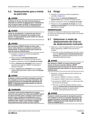 SJ3215, SJ3219, SJ3220, SJ3226, SJ4726, SJ4732, SJ4740 216380AGFA
55
Deslocamento para a frente ou para trás Seção 5 – Operação
5.5 Deslocamento para a frente
ou para trás
AVISO
Certifique-se de que não haja nenhuma pessoa ou
obstrução no caminho de deslocamento. Familiarize‑se
com os pontos cegos da MEWP
. O descumprimento
pode resultar em risco de morte ou acidente grave.
AVISO
Perigo de esmagamento. A equipe de solo deve se
manter distante do dispositivo de proteção contra
buracos. O descumprimento pode resultar em risco de
morte ou acidente grave.
AVISO
Não movimente a MEWP elevada em áreas onde
houver cabos elétricos ou resíduos no caminho de
deslocamento. O descumprimento pode resultar em
risco de morte ou acidente grave.
1. Energize o console de controle da plataforma
(consulte a Seção 5.3).
2. Mova a chave de elevação/desligamento/
deslocamento para a posição de deslocamento.
3. Aperte e pressione a chave de ativação de função.
4. Mova a alavanca do controlador para a frente ou
para trás para deslocar a MEWP na velocidade e
direção necessária.
5. Mova a alavanca do controlador para a posição
central neutra para parar. Libere a chave de ativação
de função.
AVISO
Pressione o botão de parada de emergência quando
tiver chegado ao local ou à elevação necessária. Isso
impedirá quaisquer movimentos não intencionais da
MEWP
. O descumprimento pode resultar em risco de
morte ou acidente grave.
CUIDADO
A proteção contra buracos depende de uma altura
mínima do solo estável. Se o peso total da MEWP estiver
em algum momento sobre a proteção contra buracos,
desça ou eleve a plataforma imediatamente, trave e
marque a MEWP
. Somente um técnico de manutenção
qualificado deve realizar uma inspeção completa. O
descumprimento pode resultar em dano à MEWP
.
5.6 Dirigir
1. Energize o console de controle da plataforma
(consulte a Seção 5.3).
2. Mova a chave de elevação/desligamento/
deslocamento para a posição de deslocamento.
3. Aperte e pressione a chave de ativação de função.
4. Pressione a chave oscilante de direção acima da
alavanca do controlador em uma das duas direções
para alterar a direção.
OBSERVAÇÃO
A função de mudança de direção não é proporcional.
As funções de deslocamento e direção podem ser ativadas
ao mesmo tempo.
5.7 Selecionar o modo de
deslocamento de nível ou
de deslocamento inclinado
▪ Selecione o modo de deslocamento de nível quando
estiver deslocando a MEWP sobre solo firme e
nivelado.
1. Para usar o modo de deslocamento de nível, mova a
chave de deslocamento inclinado/deslocamento
de nível para a posição de deslocamento de nível
(velocidade alta/torque baixo).
AVISO
Não desloque a MEWP na posição elevada quando
estiver em terreno inclinado. Retraia a MEWP
completamente antes de operá‑la em terreno inclinado.
O descumprimento pode resultar em risco de morte ou
acidente grave.
▪ Selecione o modo de deslocamento inclinado nas
seguintes situações:
▪ Ao deslocar a MEWP em aclives ou declives
▪ Ao deslocar a MEWP sobre terreno acidentado
▪ Ao posicionar a MEWP sobre ou movê-la para fora
de veículos de transporte.
1. Para usar o modo de direção inclinada, mova a
chave de deslocamento inclinado/deslocamento
de nível para a posição de deslocamento
inclinado (velocidade baixa/torque alto).
AVISO
Pressione o botão de parada de emergência quando
tiver chegado ao local ou à elevação necessária. Isso
impedirá quaisquer movimentos não intencionais da
MEWP
. O descumprimento pode resultar em risco de
morte ou acidente grave.
 