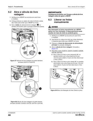 216380AGFA SJ3215, SJ3219, SJ3220, SJ3226, SJ4726, SJ4732, SJ4740
60
Seção 6 – Procedimentos Abra a válvula de livre rodagem
6.2 Abra a válvula de livre
rodagem
1. Verifique se a MEWP se encontra em solo firme
e nivelado.
2. Coloque blocos ou calços de roda na frente e atrás
das rodas para evitar que a MEWP se mova.
3. Gire o botão da válvula de livre rodagem 1 no
sentido anti-horário para a posição totalmente aberta.
1
Figura 07 Válvula de livre rodagem na parte dianteira
da base (SJ3215 e SJ3219)
1
Figura 08 Válvula de livre rodagem na parte traseira
da base (SJ3220, SJ3226, SJ4726, SJ4732 e SJ4740)
IMPORTANTE
Certifique-se de fechar com firmeza a válvula de livre
rodagem antes de operar a MEWP
.
6.3 Liberar os freios
manualmente
AVISO
Não desengate os freios manualmente se a MEWP
estiver em uma inclinação. O descumprimento pode
resultar em risco de morte ou acidente grave.
1. Verifique se a MEWP se encontra em solo firme
e nivelado.
2. Use blocos ou calços de roda nas rodas dianteiras
e traseiras para evitar que a MEWP se mova.
3. Coloque a chave de desconexão da alimentação
principal na posição desligada.
4. Abra a válvula de livre rodagem. Consulte a
Seção 6.2.
5. Para freio a pino (SJ3215, SJ3219, SJ3220, SJ3226,
SJ4726, SJ4732):
a. Gire o bloco do freio a pino esquerdo 90° no
sentido horário com uma chave de 3/4 pol.
(19 mm) para soltá-lo. O pino do freio deve tocar
o freio a disco.
b. Gire o bloco do freio a pino direito 90° no sentido
anti-horário com uma chave de 3/4 pol. (19 mm)
para soltá-lo. O pino do freio deve tocar o freio
a disco.
Figura 09 Bloco de liberação do freio (freios a pino)
 