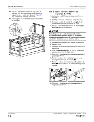 216380AGFA SJ3215, SJ3219, SJ3220, SJ3226, SJ4726, SJ4732, SJ4740
76
Seção 6 – Procedimentos Dobrar o trilho de segurança
29. Segure o trilho médio do trilho de segurança da
extensão com uma mão, depois dobre o trilho de
segurança com a outra mão. Consulte Figura 18
para conhecer as posições das mãos.
30. Instale o pino de travamento na extensão do trilho
de segurança.
6.10‑2 Dobrar o sistema de trilho de
segurança (SJ4740)
1. Verifique se a MEWP se encontra em solo firme e
nivelado.
2. Certifique-se baixar a plataforma completamente.
3. Pressione o botão de parada de emergência da
plataforma no console de controle da base.
4. Coloque a chave de desconexão da alimentação
principal na posição desligada.
AVISO
Risco de queda. Use o princípio dos três pontos
de contato quando utilizar a escada da MEWP para
acessar ou sair da plataforma. O descumprimento pode
resultar em risco de morte ou acidente grave.
5. Use a escada da MEWP para acessar a plataforma.
6. Feche a porta.
7. Certifique-se de retrair completamente a extensão da
plataforma.
8. Solte o parafuso de orelha do suporte superior do
console de controle de dupla altura.
9. Posicione o console de controle de dupla altura no
piso da plataforma.
10. Remova os pinos de travamento do suporte de
montagem do console de controle 1 .
11. Remova os pinos de travamento da braçadeira do
trilho 2 . Remova o cabo de controle da braçadeira
do trilho.
1 2
12. Posicione o console de controle da plataforma
no piso da plataforma.
 