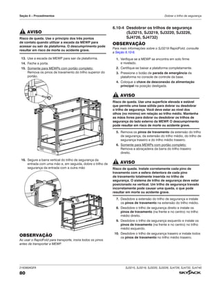 216380AGFA SJ3215, SJ3219, SJ3220, SJ3226, SJ4726, SJ4732, SJ4740
80
Seção 6 – Procedimentos Dobrar o trilho de segurança
AVISO
Risco de queda. Use o princípio dos três pontos
de contato quando utilizar a escada da MEWP para
acessar ou sair da plataforma. O descumprimento pode
resultar em risco de morte ou acidente grave.
13. Use a escada da MEWP para sair da plataforma.
14. Feche a porta.
15. Somente para MEWPs com portão completo:
Remova os pinos de travamento do trilho superior do
portão.
16. Segure a barra vertical do trilho de segurança da
entrada com uma mão e, em seguida, dobre o trilho de
segurança da entrada com a outra mão
OBSERVAÇÃO
Ao usar o RapidFold para transporte, insira todos os pinos
antes de transportar a MEWP
.
6.10‑4 Desdobrar os trilhos de segurança
(SJ3215, SJ3219, SJ3220, SJ3226,
SJ4726, SJ4732)
OBSERVAÇÃO
Para mais informações sobre o SJ3219 RapidFold, consulte
a Seção 6.10-6.
1. Verifique se a MEWP se encontra em solo firme
e nivelado.
2. Certifique-se baixar a plataforma completamente.
3. Pressione o botão de parada de emergência da
plataforma no console de controle da base.
4. Coloque a chave de desconexão da alimentação
principal na posição desligada.
AVISO
Risco de queda. Use uma superfície elevada e estável
que permita uma base sólida para dobrar ou desdobrar
o trilho de segurança. Você deve estar ao nível dos
olhos (no mínimo) em relação ao trilho médio. Mantenha
as mãos livres para dobrar ou desdobrar os trilhos de
segurança do lado externo da MEWP
. O descumprimento
pode resultar em risco de morte ou acidente grave.
5. Remova os pinos de travamento da extensão do trilho
de segurança, da extensão do trilho médio, do trilho de
segurança traseiro e do trilho médio traseiro.
6. Somente para MEWPs com portão completo:
Remova a abraçadeira da barra do trilho traseiro
direito.
AVISO
Risco de queda. Instale corretamente cada pino de
travamento com a esfera detentora de cada pino
de travamento totalmente inserida no trilho de
segurança. O sistema de trilho de segurança deve estar
posicionado na vertical. Um trilho de segurança travado
incorretamente pode causar uma queda, o que pode
resultar em morte ou acidente grave.
7. Desdobre a extensão do trilho de segurança e instale
os pinos de travamento na extensão do trilho médio.
8. Desdobre o trilho de segurança direito e instale os
pinos de travamento (na frente e no centro) no trilho
médio direito.
9. Desdobre o trilho de segurança esquerdo e instale os
pinos de travamento (na frente e no centro) no trilho
médio esquerdo.
10. Desdobre o trilho de segurança traseiro e instale todos
os pinos de travamento no trilho médio traseiro.
 