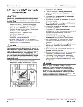 216380AGFA SJ3215, SJ3219, SJ3220, SJ3226, SJ4726, SJ4732, SJ4740
84
Seção 6 – Procedimentos Mover a MEWP através de uma passagem
6.11 Mover a MEWP através de
uma passagem
AVISO
Realize este procedimento somente no nível do piso.
O descumprimento pode resultar em risco de morte ou
acidente grave.
1. Certifique-se de que a altura/largura da porta é
suficiente para permitir a passagem da MEWP
.
2. Antes de operar a MEWP
, faça uma inspeção
completa do local (consulte Seção 2.4). Identifique
riscos na sua área de trabalho.
3. Certifique-se de que a plataforma esteja
completamente abaixada.
4. Leia Seção 6.5-1 para desconectar e remover o
console de controle da plataforma.
5. Dobre as grades de segurança, se necessário.
Consulte Seção 6.10 para conhecer o procedimento
para dobrar os trilhos de segurança.
AVISO
Perigo de esmagamento. Certifique-se de que não há
nenhuma pessoa no trajeto de deslocamento. Informe
o pessoal próximo à trajetória de deslocamento antes
de mover a MEWP
. Use uma segunda pessoa para
monitorar a movimentação da MEWP
. Certifique-se de
que essa pessoa permaneça a uma distância segura.
O descumprimento pode resultar em risco de morte
ou acidente grave.
6. Conecte o cabo do console de controle da
plataforma à tomada na parte traseira da MEWP
.
7. Mantenha-se atrás da MEWP
.
8. Certifique-se de que o console de controle da
plataforma aponta na mesma direção que a frente
da MEWP
.
9. Coloque a chave de desconexão da alimentação
principal na posição ligada.
10. Puxe o botão de parada de emergência no console
de controle da base.
11. Gire a chave principal de desligamento/plataforma/
base para a posição de plataforma.
12. Puxe o botão de parada de emergência no console
de controle da plataforma.
13. Coloque a chave deslocamento inclinado/
deslocamento em nível na posição de deslocamento
inclinado (baixa velocidade/alto torque) para
velocidade reduzida.
14. Mova a chave de elevação/desligamento/
deslocamento para a posição de deslocamento.
15. Use uma velocidade tão baixa quanto for possível
para deslocar a MEWP adiante através de uma
passagem.
16. Pressione o botão de parada de emergência quando
a MEWP tiver atravessado uma passagem em
segurança.
17. Coloque a chave de desconexão da alimentação
principal na posição desligada.
18. Desconecte o console de controle da plataforma da
parte traseira da base e coloque na plataforma.
19. Desdobrar os trilhos de segurança, se estiverem
dobrados. Consulte Seção 6.10-4 ou Seção 6.10-5
para conhecer o procedimento para dobrar os trilhos
de segurança.
AVISO
Antes de operar esta MEWP
, certifique-se de que o
sistema de trilho de segurança não tenha pinos de
travamento soltos ou faltando. O sistema de trilho de
segurança deve estar posicionado na vertical. Trave
todos os pinos corretamente. Um trilho de segurança
travado incorretamente pode causar uma queda, o que
pode resultar em morte ou acidente grave.
 