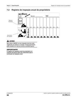 216380AGFA SJ3215, SJ3219, SJ3220, SJ3226, SJ4726, SJ4732, SJ4740
88
Seção 7 – Especificações Registro de inspeção anual do proprietário
7.2 Registro de inspeção anual do proprietário
Data da
inspeção
Assinatura
do Inspetor
AVISO
Não utilize a MEWP se uma inspeção não tiver sido
registrada nos últimos 13 meses. O descumprimento
pode resultar em risco de morte ou acidente grave.
IMPORTANTE
O registro de inspeção anual do proprietário no
conjunto da tesoura deve ser preenchido após a
conclusão da inspeção anual.
 