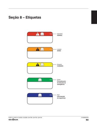 SJ3215, SJ3219, SJ3220, SJ3226, SJ4726, SJ4732, SJ4740 216380AGFA
93
Seção 8 – Etiquetas
Vermelho
PERIGO.
Laranja
AVISO.
Amarelo
CUIDADO.
Verde
Procedimento
de descida de
emergência.
Azul
Informações
de segurança.
 