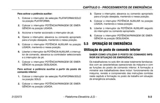 CAPÍTULO 5 - PROCEDIMENTOS DE EMERGÊNCIA
3122573 – Plataforma Elevatória JLG – 5-3
Para activar a potência auxiliar:
1. Colocar o interruptor de selecção PLATAFORMA/SOLO
na posição PLATAFORMA.
2. Colocar o interruptor POTÊNCIA/PARAGEM DE EMER-
GÊNCIA na posição LIGADA.
3. Accionar e manter accionado o interruptor de pé.
4. Operar o interruptor, alavanca ou comando apropriado
para a função desejada, mantendo-o nessa posição.
5. Colocar o interruptor POTÊNCIA AUXILIAR na posição
LIGADA, mantendo-o nessa posição.
6. Libertar o interruptor da POTÊNCIA AUXILIAR, o interrup-
tor de comando, alavanca ou controlador seleccionado
e o interruptor de pé.
7. Colocar o interruptor POTÊNCIA/PARAGEM DE EMER-
GÊNCIA na posição DESLIGADA.
Para activar a potência auxiliar a partir do posto de
comando inferior:
1. Colocar o interruptor de selecção PLATAFORMA/SOLO
na posição SOLO.
2. Colocar o interruptor POTÊNCIA/PARAGEM DE EMER-
GÊNCIA na posição LIGADA.
3. Operar o interruptor, alavanca ou comando apropriado
para a função desejada, mantendo-o nessa posição.
4. Colocar o interruptor POTÊNCIA AUXILIAR na posição
LIGADA, mantendo-o nessa posição.
5. Libertar o interruptor da POTÊNCIA AUXILIAR seguido
do interruptor ou comando apropriado.
6. Colocar o interruptor POTÊNCIA/PARAGEM DE EMER-
GÊNCIA na posição DESLIGADA.
5.5 OPERAÇÃO DE EMERGÊNCIA
Utilização do posto de comando inferior
SABER COMO UTILIZAR O POSTO DE COMANDO INFE-
RIOR EM SITUAÇÃO DE EMERGÊNCIA.
Os trabalhadores no solo têm de estar totalmente familiariza-
dos com as características operacionais da máquina e com
as funções do posto de comando inferior. A formação a
ministrar aos trabalhadores deve incluir: funcionamento da
máquina, revisão e compreensão das instruções contidas
neste capítulo e formação no posto de trabalho em situação
de emergência simulada.
 