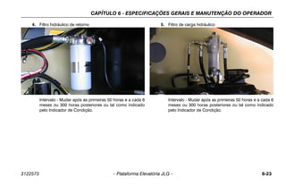 CAPÍTULO 6 - ESPECIFICAÇÕES GERAIS E MANUTENÇÃO DO OPERADOR
3122573 – Plataforma Elevatória JLG – 6-23
4. Filtro hidráulico de retorno
Intervalo - Mudar após as primeiras 50 horas e a cada 6
meses ou 300 horas posteriores ou tal como indicado
pelo Indicador de Condição.
5. Filtro de carga hidráulico
Intervalo - Mudar após as primeiras 50 horas e a cada 6
meses ou 300 horas posteriores ou tal como indicado
pelo Indicador de Condição.
 