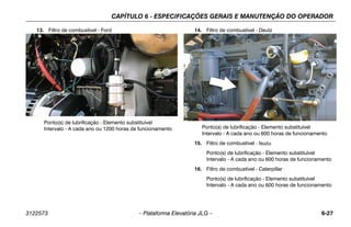 CAPÍTULO 6 - ESPECIFICAÇÕES GERAIS E MANUTENÇÃO DO OPERADOR
3122573 – Plataforma Elevatória JLG – 6-27
13. Filtro de combustível - Ford
Ponto(s) de lubrificação - Elemento substituível
Intervalo - A cada ano ou 1200 horas de funcionamento
14. Filtro de combustível - Deutz
Ponto(s) de lubrificação - Elemento substituível
Intervalo - A cada ano ou 600 horas de funcionamento
15. Filtro de combustível - Isuzu
Ponto(s) de lubrificação - Elemento substituível
Intervalo - A cada ano ou 600 horas de funcionamento
16. Filtro de combustível - Caterpillar
Ponto(s) de lubrificação - Elemento substituível
Intervalo - A cada ano ou 600 horas de funcionamento
 