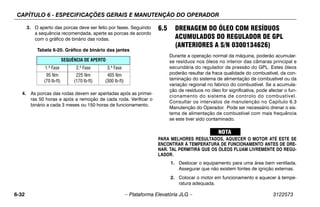 CAPÍTULO 6 - ESPECIFICAÇÕES GERAIS E MANUTENÇÃO DO OPERADOR
6-32 – Plataforma Elevatória JLG – 3122573
3. O aperto das porcas deve ser feito por fases. Seguindo
a sequência recomendada, aperte as porcas de acordo
com o gráfico de binário das rodas.
4. As porcas das rodas devem ser apertadas após as primei-
ras 50 horas e após a remoção de cada roda. Verificar o
binário a cada 3 meses ou 150 horas de funcionamento.
6.5 DRENAGEM DO ÓLEO COM RESÍDUOS
ACUMULADOS DO REGULADOR DE GPL
(ANTERIORES A S/N 0300134626)
Durante a operação normal da máquina, poderão acumular-
se resíduos nos óleos no interior das câmaras principal e
secundária do regulador de pressão do GPL. Estes óleos
poderão resultar da fraca qualidade do combustível, da con-
taminação do sistema de alimentação de combustível ou da
variação regional no fabrico do combustível. Se a acumula-
ção de resíduos no óleo for significativa, pode afectar o fun-
cionamento do sistema de controlo do combustível.
Consultar os intervalos de manutenção no Capítulo 6.3
Manutenção do Operador. Pode ser necessário drenar o sis-
tema de alimentação de combustível com mais frequência
se este tiver sido contaminado.
PARA MELHORES RESULTADOS, AQUECER O MOTOR ATÉ ESTE SE
ENCONTRAR À TEMPERATURA DE FUNCIONAMENTO ANTES DE DRE-
NAR. TAL PERMITIRÁ QUE OS ÓLEOS FLUAM LIVREMENTE DO REGU-
LADOR.
1. Deslocar o equipamento para uma área bem ventilada.
Assegurar que não existem fontes de ignição externas.
2. Colocar o motor em funcionamento e aquecer à tempe-
ratura adequada.
Tabela 6-20. Gráfico de binário das jantes
SEQUÊNCIA DE APERTO
1.ª Fase 2.ª Fase 3.ª Fase
95 Nm
(70 lb-ft)
225 Nm
(170 lb-ft)
405 Nm
(300 lb-ft)
 