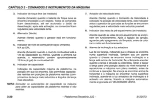CAPÍTULO 3 - COMANDOS E INSTRUMENTOS DA MÁQUINA
3-20 – Plataforma Elevatória JLG – 3122573
3. Indicador de toque leve (se instalado)
Acende (Amarelo) quando o batente de Toque Leve se
encontra encostado a um objecto. Todos os comandos
ficam desactivados, até ser accionado o botão de
desactivação; após esta activação, os comandos ficam
regulados para velocidade lenta.
4. Alternador (Verde)
Acende (Verde) quando o gerador está em funciona-
mento.
5. Indicador de nível de combustível baixo (Amarelo)
N/A ao GPL
Acende (Amarelo) quando o nível do combustível está a
1/8 da capacidade ou menos. Quando a primeira luz
acende, o reservatório contém aproximadamente
15 litros (4 gal) de combustível útil.
6. Indicador de capacidade
Indicação da capacidade máxima da plataforma, na
posição em que se encontra. São permitidas capacida-
des restritas em posições da plataforma restritas (com-
primentos da lança mais reduzidos e ângulos da lança
mais elevados).
NOTA: Consultar os autocolantes de capacidade na máquina
para obter as capacidades da plataforma restritas e não
restritas.
7. Avisador de velocidade lenta
Acende (Verde) quando o Comando da Velocidade é
colocado na posição de velocidade lenta, este indicador
avisa o operador de que todas as funções se encontram
reguladas para a velocidade mais reduzida possível.
8. Indicador das velas de pré-aquecimento (se instalado)
Acende quando as velas de pré-aquecimento se encon-
tram em funcionamento. Após a ligação da ignição,
aguardar pelo apagamento da lâmpada, antes de colo-
car o motor em funcionamento.
9. Alarme de inclinação e luz avisadora
Luz de cor laranja, indicando que o chassis se encontra
numa superfície inclinada. Também soa um alarme
quando o chassis se encontra numa inclinação e a
lança está acima da horizontal. Se a lâmpada acender
quando a lança é elevada ou estendida, retrair e baixar
a lança para uma posição abaixo do nível horizontal e
reposicionar a máquina num plano nivelado, antes de
continuar a operação. Se a lança se encontrar acima da
horizontal e a máquina se encontrar numa superfície
inclinada, acende-se a luz avisadora de inclinação e é
activado um alarme, ficando a máquina automatica-
mente engrenada em VELOCIDADE LENTA.
 