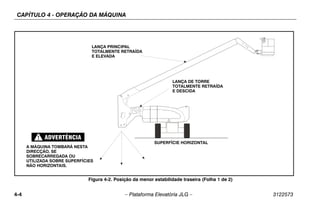 CAPÍTULO 4 - OPERAÇÃO DA MÁQUINA
4-4 – Plataforma Elevatória JLG – 3122573
Figura 4-2. Posição da menor estabilidade traseira (Folha 1 de 2)
A MÁQUINA TOMBARÁ NESTA
DIRECÇÃO, SE
SOBRECARREGADA OU
UTILIZADA SOBRE SUPERFÍCIES
NÃO HORIZONTAIS.
LANÇA PRINCIPAL
TOTALMENTE RETRAÍDA
E ELEVADA
LANÇA DE TORRE
TOTALMENTE RETRAÍDA
E DESCIDA
SUPERFÍCIE HORIZONTAL
 