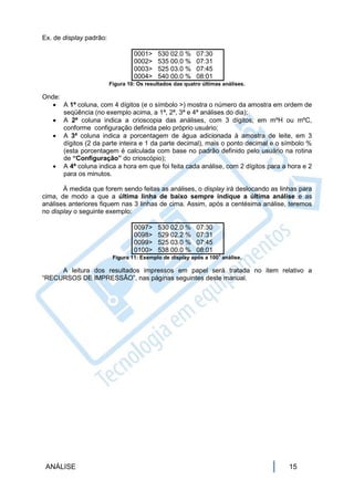 Ex. de display padrão:

                                  0001>     530 02.0 %     07:30
                                  0002>     535 00.0 %     07:31
                                  0003>     525 03.0 %     07:45
                                  0004>     540 00.0 %     08:01
                         Figura 10: Os resultados das quatro últimas análises.

Onde:
    A 1ª coluna, com 4 dígitos (e o símbolo >) mostra o número da amostra em ordem de
      seqüência (no exemplo acima, a 1ª, 2ª, 3ª e 4ª análises do dia);
    A 2ª coluna indica a crioscopia das análises, com 3 dígitos, em mºH ou mºC,
      conforme configuração definida pelo próprio usuário;
    A 3ª coluna indica a porcentagem de água adicionada à amostra de leite, em 3
      dígitos (2 da parte inteira e 1 da parte decimal), mais o ponto decimal e o símbolo %
      (esta porcentagem é calculada com base no padrão definido pelo usuário na rotina
      de “Configuração” do crioscópio);
    A 4ª coluna indica a hora em que foi feita cada análise, com 2 dígitos para a hora e 2
      para os minutos.

       À medida que forem sendo feitas as análises, o display irá deslocando as linhas para
cima, de modo a que a última linha de baixo sempre indique a última análise e as
análises anteriores fiquem nas 3 linhas de cima. Assim, após a centésima análise, teremos
no display o seguinte exemplo:

                                  0097>     530 02.0 %     07:30
                                  0098>     529 02.2 %     07:31
                                  0099>     525 03.0 %     07:45
                                  0100>     538 00.0 %     08:01
                                                                   a
                          Figura 11: Exemplo de display após a 100 análise.

     A leitura dos resultados impressos em papel será tratada no item relativo a
“RECURSOS DE IMPRESSÃO”, nas páginas seguintes deste manual.




 ANÁLISE                                                                           15
 