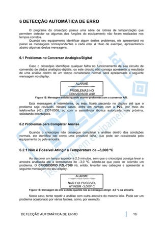 6 DETECÇÃO AUTOMÁTICA DE ERRO
       O programa do crioscópio possui uma série de rotinas de temporização que
permitem detectar se algumas das funções do equipamento não foram realizadas nos
tempos corretos.
       Quando seu equipamento identificar algum destes problemas, ele apresentará no
painel as mensagens correspondentes a cada erro. A título de exemplo, apresentamos
abaixo algumas destas mensagens.


6.1 Problemas no Conversor Analógico/Digital

      Caso o crioscópio identifique qualquer falha no funcionamento de seu circuito de
conversão de dados analógico-digitais, ou este circuito não consiga apresentar o resultado
de uma análise dentro de um tempo considerado normal, será apresentada a seguinte
mensagem no display:

                                             ALARME
                                       ***********************
                                        PROBLEMAS NO
                                       CONVERSOR A/D!
            Figura 12: Mensagem exibida quando ocorrer problemas com o conversor A/D.

        Esta mensagem é intermitente, ou seja, ficará piscando no display até que o
problema seja resolvido. Nestes casos, entre em contato com a PZL, por meio do
telefone/fax (43) 3337-0008, ou com a assistência técnica autorizada mais próxima,
solicitando orientações.


6.2 Problemas para Completar Análise

      Quando o crioscópio não consegue completar a análise dentro das condições
normais, ele identifica isto como uma provável falha, que pode ser ocasionada pelo
equipamento ou pela amostra.


6.2.1 Não é Possível Atingir a Temperatura de –3,000 ºC

       Ao decorrer um tempo superior a 2,5 minutos, sem que o crioscópio consiga levar a
amostra analisada até a temperatura de –3,0 ºC, admite-se que pode ter ocorrido um
problema. O CRIOSCÓPIO PZL-7000 irá, então, levantar seu cabeçote e apresentar a
seguinte mensagem no seu display:

                                            ALARME
                                      ***********************
                                      NAO FOI POSSIVEL
                                       ATINGIR -3,000º C
       Figura 13: Mensagem de erro exibida quando não se consegue atingir -3,0 °C na amostra.

       Neste caso, tente repetir a análise com outra amostra do mesmo leite. Pode ser um
problema ocasionado por vários fatores, como, por exemplo:



 DETECÇÃO AUTOMÁTICA DE ERRO                                                                16
 