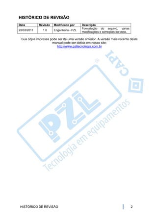 HISTÓRICO DE REVISÃO
Data         Revisão   Modificado por     Descrição
                                          Formatação do arquivo, várias
28/03/2011     1.0     Engenharia - PZL
                                          modificações e correções do texto.

 Sua cópia impressa pode ser de uma versão anterior. A versão mais recente deste
                     manual pode ser obtida em nosso site:
                        http://www.pzltecnologia.com.br




 HISTÓRICO DE REVISÃO                                                          2
 
