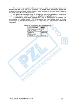 Do mesmo modo que o crioscópio pode enviar os dados para uma impressora, como
descrito nos itens 10.1 (pág.35) e 10.2 (pág. 35) acima, estas informações podem ser
enviadas diretamente para um computador, basta conectar-se um cabo serial no painel
traseiro da “caixa de comando eletrônico”.
        Os procedimentos para controle do crioscópio e envio dos dados para o computador
serão semelhantes aos descritos nos itens 9.1 (pág.28) e 9.2 (pág.29) acima.
        A comunicação serial segue o padrão RS-232 e as configurações de conexão são
sumarizadas no quadro abaixo. Tais informações são necessárias para a correta
comunicação do crioscópio com o programa no computador (ex.: hyperterminal do Microsoft
Windows®).

                       Tabela 1: Parâmetros da conexão serial.
                            Configuração       Valor
                             Bits/segundo (bps)   9600
                             Bits de dado         8
                             Paridade             Nenhuma
                             Bit de parada        1
                             Controle de fluxo    Nenhum




 RECURSOS DE COMUNICAÇÃO                                                        39
 