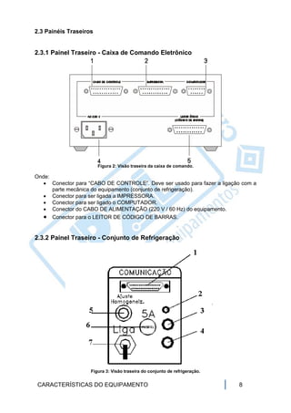 2.3 Painéis Traseiros


2.3.1 Painel Traseiro - Caixa de Comando Eletrônico




                        Figura 2: Visão traseira da caixa de comando.

Onde:
    Conector para “CABO DE CONTROLE”. Deve ser usado para fazer a ligação com a
      parte mecânica do equipamento (conjunto de refrigeração).
    Conector para ser ligada a IMPRESSORA.
    Conector para ser ligado o COMPUTADOR.
    Conector do CABO DE ALIMENTAÇÃO (220 V / 60 Hz) do equipamento.
    Conector para o LEITOR DE CÓDIGO DE BARRAS.


2.3.2 Painel Traseiro - Conjunto de Refrigeração




                    Figura 3: Visão traseira do conjunto de refrigeração.


 CARACTERÍSTICAS DO EQUIPAMENTO                                             8
 