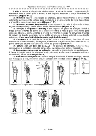 Apostila de Ordem Unida para Desbravador da ARJ / ARF
= = = = = = = = = = = = = = = = = = = = = = = = = = = = = = = = = = = = = = = = = = = = = = = = = =
9. Alto – descer a mão direita, dedos unidos, à altura do ombro, como na posição
maranata, com a palma para a frente, e em seguida, estender o braço vivamente na
horizontal. (Figura nº 2)
10. Diminuir Passo - da posição de atenção, baixar lateralmente o braço direito
estendido (palma da mão voltada para o solo) até o prolongamento da linha dos ombros
e aí oscilá-lo para cima e para baixo (Figura nº 3).
11. Apressar o passo (acelerado) - com o punho cerrado, à altura do ombro,
erguer e baixar o braço direito várias vezes, verticalmente (Figura nº 4).
12. Direção à esquerda (direita) - em seguida ao gesto de atenção, baixar o
braço direito à frente do corpo até à altura do ombro e fazê-lo girar lentamente para
esquerda (direita), acompanhando o próprio movimento do corpo na conversão. Quando
já estiver na direção desejada, elevar então vivamente o braço estendê-lo na direção
definitiva. (Figuras nº 05 início do gesto e 06 final do gesto)
13. Em forma - da posição de “Atenção”, com o braço direito, descrever círculos
horizontais acima da cabeça; em seguida, baixar este braço na direção da marchar ou do
ponto para qual deverá ficar voltada a frente do grupo (Figura nº 7).
14. Coluna por um (ou por dois,...) - na posição de atenção, fechar a mão,
conservando o indicador estendido para o alto, ou mais dedos, se fizer necessário.
15. Comandante de grupo ou unidade - estender o braço direito horizontalmente
à frente do corpo, palma da mão para o solo; flexionar a mão para cima (dedos unidos e
distendidos) várias vezes (Figura nº 8).
16. Comandante de pelotão - com os braços estendidos à frente do corpo, palmas
das mãos para o solo, descrever círculos verticais em sentidos opostos (Figura nº 9).
- 12 de 18 -
Figura 01 Figura 02 Figura 03 Figura 04
Figura 07
Figura 05 Figura 06
Figura 09Figura 08
Figura 10
 