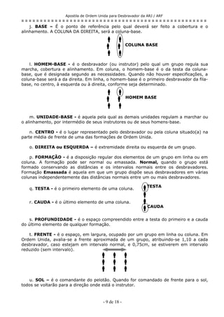 Apostila de Ordem Unida para Desbravador da ARJ / ARF
= = = = = = = = = = = = = = = = = = = = = = = = = = = = = = = = = = = = = = = = = = = = = = = = = =
j. BASE – É o ponto de referência pelo qual deverá ser feito a cobertura e o
alinhamento. A COLUNA DA DIREITA, será a coluna-base.
 
 
 
l. HOMEM-BASE - é o desbravador (ou instrutor) pelo qual um grupo regula sua
marcha, cobertura e alinhamento. Em coluna, o homem-base é o da testa da coluna-
base, que é designada segundo as necessidades. Quando não houver especificações, a
coluna-base será a da direita. Em linha, o homem-base é o primeiro desbravador da fila-
base, no centro, à esquerda ou à direita, conforme seja determinado.
 
 
 
m. UNIDADE-BASE - é aquela pela qual as demais unidades regulam a marchar ou
o alinhamento, por intermédio de seus instrutores ou de seus homens-base.
n. CENTRO - é o lugar representado pelo desbravador ou pela coluna situado(a) na
parte média de frente de uma das formações de Ordem Unida.
o. DIREITA ou ESQUERDA – é extremidade direita ou esquerda de um grupo.
p. FORMAÇÃO - é a disposição regular dos elementos de um grupo em linha ou em
coluna. A formação pode ser normal ou emassada. Normal, quando o grupo está
formado conservando as distâncias e os intervalos normais entre os desbravadores.
Formação Emassada é aquela em que um grupo dispõe seus desbravadores em várias
colunas independentemente das distâncias normais entre um ou mais desbravadores.
q. TESTA - é o primeiro elemento de uma coluna. 

r. CAUDA - é o último elemento de uma coluna. 

s. PROFUNDIDADE - é o espaço compreendido entre a testa do primeiro e a cauda
do último elemento de qualquer formação.
t. FRENTE - é o espaço, em largura, ocupado por um grupo em linha ou coluna. Em
Ordem Unida, avalia-se a frente aproximada de um grupo, atribuindo-se 1,10 a cada
desbravador, caso estejam em intervalo normal, e 0,75cm, se estiverem em intervalo
reduzido (sem intervalo).
  
  
  
u. SOL – é o comandante do pelotão. Quando for comandado de frente para o sol,
todos se voltarão para a direção onde está o instrutor.
- 9 de 18 -
COLUNA BASE
HOMEM BASE
TESTA
CAUDA
 