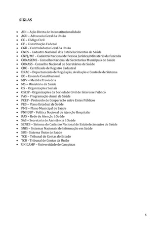 5
SIGLAS
 ADI – Ação Direta de Inconstitucionalidade
 AGU – Advocacia Geral da União
 CC – Código Civil
 CF – Constituição Federal
 CGU – Controladoria Geral da União
 CNES – Cadastro Nacional dos Estabelecimentos de Saúde
 CNPJ/MF – Cadastro Nacional de Pessoa Jurídica/Ministério da Fazenda
 CONASEMS - Conselho Nacional de Secretarias Municipais de Saúde
 CONASS - Conselho Nacional de Secretários de Saúde
 CRC - Certificado de Registro Cadastral
 DRAC – Departamento de Regulação, Avaliação e Controle de Sistema
 EC – Emenda Constitucional
 MPv – Medida Provisória
 MS – Ministério da Saúde
 OS - Organizações Sociais
 OSCIP - Organizações da Sociedade Civil de Interesse Público
 PAS – Programação Anual de Saúde
 PCEP - Protocolo de Cooperação entre Entes Públicos
 PES – Plano Estadual de Saúde
 PMS – Plano Municipal de Saúde
 PNHOSP - Política Nacional de Atenção Hospitalar
 RAS – Rede de Atenção à Saúde
 SAS – Secretaria de Assistência à Saúde
 SCNES – Sistema do Cadastro Nacional de Estabelecimentos de Saúde
 SNIS – Sistemas Nacionais de Informação em Saúde
 SUS - Sistema Único de Saúde
 TCE – Tribunal de Contas do Estado
 TCU - Tribunal de Contas da União
 UNICAMP – Universidade de Campinas
 