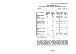 Manual Centroamericano para Diseño de Pavimentos
CAPÌTULO 7
24
Hoja de trabajo HT - 01
cálculo del equivalente de 18 Kips en carga de ejes simples
Proyecto Período de diseño 15
Espesor de la losa: 10 cm Presión de contacto: 100 psi
Método del Instituto de Asfalto
Tipo de Vehículo Cantidad de
Vehículos
diarios “A”
Factor de
crecimiento
“B”
Tránsito
de diseño
“C”
ESAL´s
Factor
“D”
ESAL´s de
diseño
“E”
Vehículos sencillos 4%
Autos 500 20.02 3,653,650 0.0002 73
Autobuses 125 20.02 913,413 1.159770 1,459,359
Camiones eje simple
2%
Pick-ups 250 17.29 1,577,713 0.03448 631
Otros Vehículos 2 ejes y
cuatro ruedas (agrícolas) 25 17.29 157,771 1.59770 252,071
Camiones de 2 ejes, 6
ruedas, camiones de 3
ejes o más
80 17.29 504,868 1.18270 597,107
Camiones tipo trailer
eje compuesto 6%
Semiremolque (3 ejes) 450 21.58 3,823,740 0.94770 3,623,758
Semiremolque (4 ejes) 45 21.58 382,374 2.80170 1,071,297
Semiremolque (5 ó más
ejes) 25 21.58 212,430 2.28870 486,189
2%
Camión acoplado (5 ejes)
10 17.29 63,109 2.80170 176,811
Camión acoplado (6 ó
más ejes) 5 17.29 31,554 2.65870 83,893
TOTAL VEHICULOS 1,515 ESAL´s de diseño 7,804,959
Factor de Dirección: 0.5
Factor por presión de llanta: 1.8
ESAL´s por carril de tránsito: 0.5 x 1.8 x 7,804,959 = 7,024,463
En la hoja de trabajo HT-01 los factores de equivalencia de carga ó
coeficientes de daño (columna D) para ejes sencillos, dobles ó triples,
se toman de la Tabla 7-6; la cual incluye cargas sobre el eje,
considerando desde 1000 lbs ( 0.5 toneladas métricas ) hasta 90,000
lbs ( 41,000 toneladas métricas ), este rango de pesos por eje cubre en
forma extensa, cualquier condición de peso de vehículos de carga en
cualquier red de carreteras, desde rurales hasta autopistas.
 