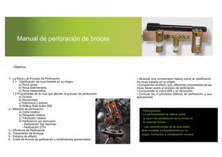 1.- La Roca y el Proceso de Perforación
1.1 Clasiﬁcación de roca basada en su origen.
a) Roca ígnea
b) Roca sedimentaria
c) Roca metamórﬁca
1.2 Propiedades de la roca que afectan el proceso de perforación.
a) Dureza
b) Abrasividad
c) Estructura y textura
d) Drilling Rate Index DRI
2.- Métodos de perforación.
a) Corte rotativo
b) Desgaste rotativo
c) Trituración rotativo
d) Perforación por percusión
- Perforación Top Hammer
- Perforación DTH
3.- Eﬁciencia de Perforación
4.- Transmisión de Energía.
5.- Sistema de aﬁlado.
6.- Costo de Aceros de perforación y rendimientos aproximados.
Objetivos
• Alcanzar una comprensión básica sobre la clasiﬁcación
de rocas basada en su origen.
• Comprender el efecto que, diferentes propiedades de las
rocas tienen sobre el proceso de perforación.
• Comprender el índice DRI y su derivación.
• Conocer los 4 principios básicos de perforación y sus
aplicaciones
la razón de penetración de la broca en
Perforabilidad
• La perforabilidad se deﬁne como
el material rocoso.
• Las características de la roca están
determinadas principalmente por su
origen, formación y composición mineral.
Manual de perforación de brocas
 