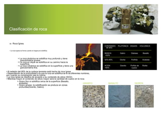 Clasiﬁcación de roca
a.- Roca Ígnea.
• La roca ígnea se forma cuando el magma se solidiﬁca.
> La roca plutónica se solidiﬁca muy profundo y tiene
granulometría gruesa
> La roca en dique se solidiﬁca en su camino hacia la
superﬁcie.
> La roca volcánica se solidiﬁca en la superﬁcie y tiene una
granulometría ﬁna.
• Al rededor del 95% de la corteza terrestre está hecha de roca ígnea
• Dependiendo de la profundidad a la que la roca se solidiﬁca se le da diferentes nombres,
aun cuando su composición sea la misma.
• La roca ígnea se clasiﬁca de acuerdo a su contenido de silicio (SiO2).
• Mientras mayor el contenido de silicio mayor será la cantidad de cuarzo en la roca.
> Grano ﬁno si solidiﬁca cerca de la superﬁcie (Basalto,
andesita).
profundas(Granito, Gabro).
> Grano grueso, la solidiﬁcación se produce en zonas
GRANITO BASALTO DIORITA
CONTENIDO PLUTONICA DIQUES VOLCANICA
de SiO2
BASICA Gabro Diabasa Basalto
<52%
52%-65% Diorita Porﬁrita Andesita
ACIDA Granito Porﬁdo de Riolita
>65% cuarzo
 