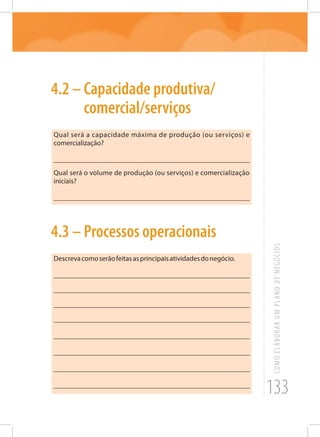 133
COMOELABORARUMPLANODENEGÓCIOS
4.2 – Capacidade produtiva/
comercial/serviços
Qual será a capacidade máxima de produção (ou serviços) e
comercialização?
_______________________________________________________
Qual será o volume de produção (ou serviços) e comercialização
iniciais?
_______________________________________________________
4.3 – Processos operacionais
Descrevacomoserãofeitasasprincipaisatividadesdonegócio.
_______________________________________________________
_______________________________________________________
_______________________________________________________
_______________________________________________________
_______________________________________________________
_______________________________________________________
_______________________________________________________
_______________________________________________________
 