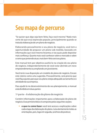 15
COMOELABORARUMPLANODENEGÓCIOS
Seu mapa de percurso
“Se quiser que algo seja bem-feito, faça você mesmo.” Nada mais
certo do que essa expressão popular, principalmente quando se
tratadaelaboraçãodeumplanodenegócio.
Elaborando pessoalmente o seu plano de negócio, você tem a
oportunidade de preparar um plano sob medida, baseado em
informações que você mesmo levantou e nas quais pode depositar
mais confiança. Quanto mais você conhecer sobre o mercado e sobre
oramoquepretendeatuar,maisbem-feitoseráseuplano.
Este manual tem por objetivo auxiliá-lo na criação do seu plano
de negócio, independentemente de você estar abrindo um novo
empreendimentoouampliandoumjáexistente.
Você terá à sua disposição um modelo de plano de negócio. Encare
este roteiro como uma sugestão. Provavelmente, será preciso que
você faça ajustes para que seu plano esteja adequado ao tamanho e à
atividadedasuaempresa.
Para ajudá-lo no desenvolvimento do seu planejamento, o manual
estádivididoemduaspartes:
1ªparte–Aelaboraçãodoplanodenegócio
Contém informações importantes para a elaboração do plano de
negócio.Esseprimeiroblocoécompostopelasseguintesseções:
•	 o que é e como fazer: você terá acesso a explicações sobre
cada etapa da elaboração do plano. Leia atentamente todas as
orientações,pois,logoemseguida,seráhoradepraticar;
 