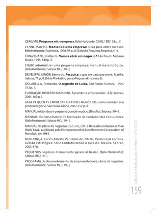 159
COMOELABORARUMPLANODENEGÓCIOS
CEAG/MG.Programamicroempresa.BeloHorizonte:CEAG,1987.83p.,il.
CENNI, Marcelo. Montando uma empresa: dicas para obter sucesso.
BeloHorizonte:Autêntica,1998.94p.,il.(ColeçãoPequenaEmpresa,v.1).
CHIAVENATO, Idalberto. Vamos abrir um negócio? São Paulo: Makron
Books,1995.140p.,il.
COMO administrar uma pequena empresa: manual metodológico.
[BeloHorizonte]:SebraeMG,[19--].
DE FELIPPE JÚNIOR, Bernardo. Pesquisa: o que é e para que serve. Brasília:
Sebrae,71p.,il.(SérieMarketingparaaPequenaEmpresa,6).
DOLABELLA, Fernando. O segredo de Luísa. São Paulo: Cultura, 1999.
312p.,il.
FUNDAÇÃO ROBERTO MARINHO. Aprender a empreender. [S.l]: Sebrae,
2001.160p.il.
GUIA PEQUENAS EMPRESAS GRANDES NEGÓCIOS: como montar seu
próprionegócio.SãoPaulo:Globo,2002.152p.,il.
MANUALiniciandoumpequenograndenegócio.[Brasília]:Sebrae,[19--].
MANUAL do curso básico de formação de contabilistas consultores.
[BeloHorizonte]:SebraeMG,[19--].
MANUAL do plano de negócios. [S.l.: s.n], [19--]. Baseado no Business Plan
Work Book, publicado pela Entrepreneurship Development Corporation of
Honoluluem1984.
MENDONÇA, Carlos Alberto Veríssimo de; PINTO, Paulo César Ferreira.
Gestão estratégica: Série Contabilizando o sucesso. Brasília. Sebrae,
2003.47p.
PEQUENOS negócios: treinamento gerencial básico. [Belo Horizonte]:
SebraeMG,[19--].
PROGRAMA de desenvolvimento de empreendedores: plano de negócios.
[BeloHorizonte]:SebraeMG,[19--].
 