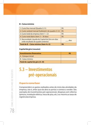 78
COMOELABORARUMPLANODENEGÓCIOS
B–Caixamínimo
1. Custo fixo mensal (Quadro 5.11) R$
2. Custo variável mensal (Subtotal 2 do quadro 5.12) R$
3. Custo total da empresa (item 1 + 2) R$
4. Custo total diário (item 3 ÷ 30 dias) R$
5. Necessidade Líquida de Capital de Giro em dias
(vide resultado do quadro anterior)
___ dias
Total de B – Caixa mínimo (item 4 x 5) R$
Capitaldegiro(resumo)
Investimentos financeiros R$
A - Estoque inicial
B - Caixa mínimo
Total do capital de giro (A +B)
5.3 – Investimentos
pré-operacionais
Oqueéecomofazer
Compreendem os gastos realizados antes do início das atividades da
empresa, isto é, antes que ela abra as portas e comece a vender. São
exemplos de investimentos pré-operacionais: despesas com reforma
(pintura, instalação elétrica, troca de piso, etc.) ou mesmo as taxas de
registrodaempresa.
 