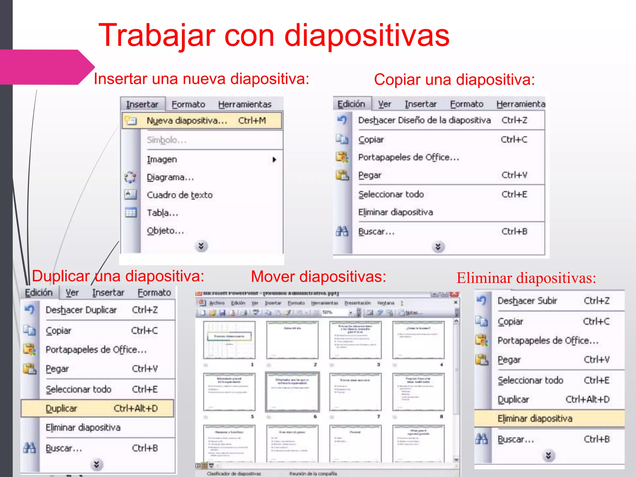 Trabajar con diapositivas
Insertar una nueva diapositiva: Copiar una diapositiva:
Duplicar una diapositiva: Mover diapositivas: Eliminar diapositivas:
 