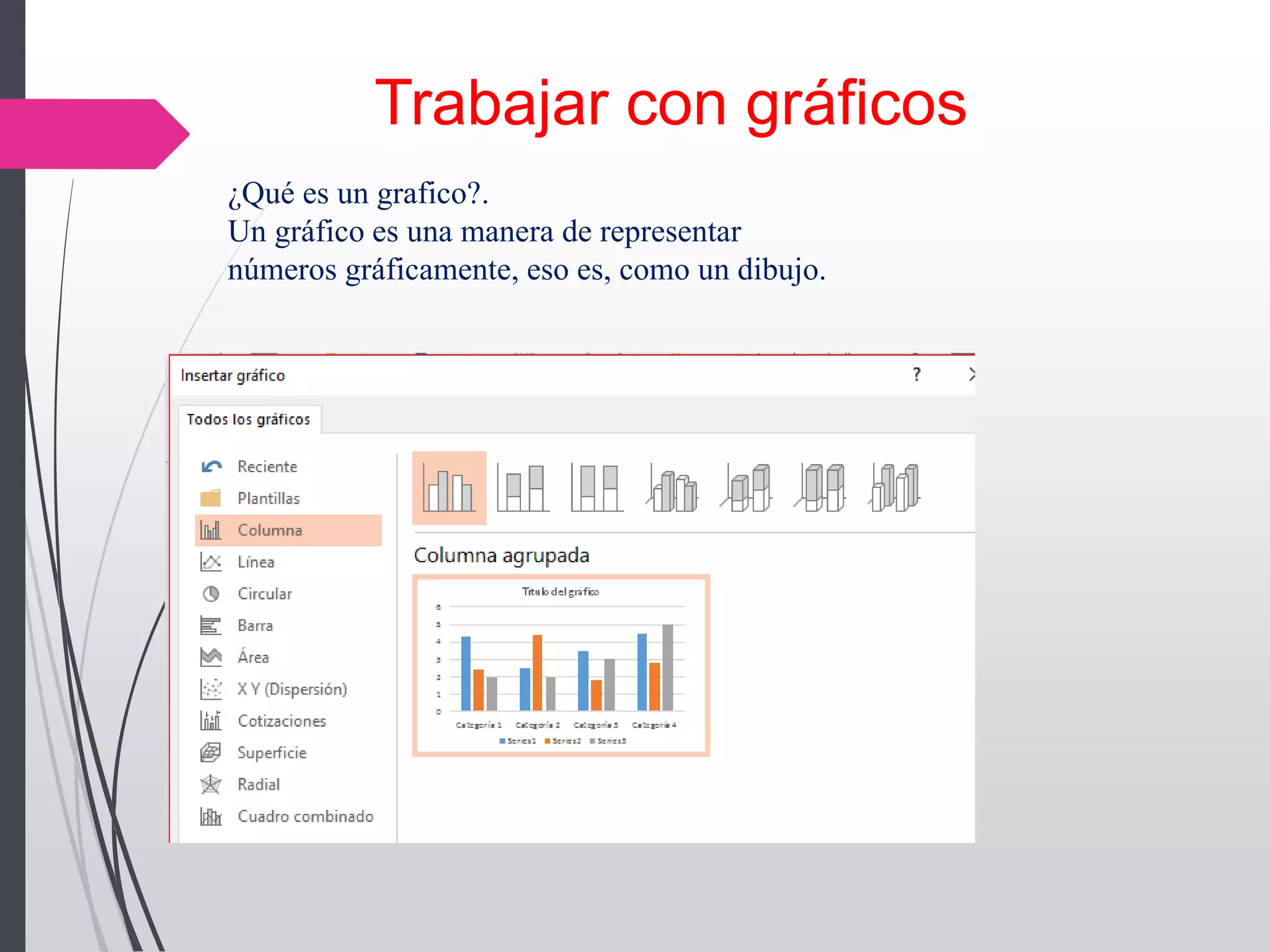 Trabajar con gráficos
¿Qué es un grafico?.
Un gráfico es una manera de representar
números gráficamente, eso es, como un dibujo.
 