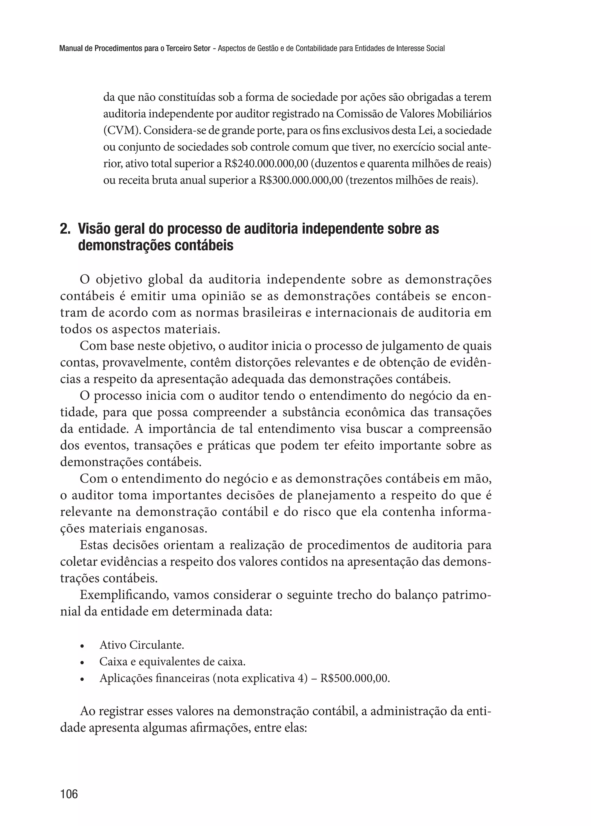 Manual de Procedimentos para o Terceiro Setor - Aspectos de Gestão e de Contabilidade para Entidades de Interesse Social
106
da que não constituídas sob a forma de sociedade por ações são obrigadas a terem
auditoria independente por auditor registrado na Comissão de Valores Mobiliários
(CVM).Considera-sedegrandeporte,paraosfinsexclusivosdestaLei,asociedade
ou conjunto de sociedades sob controle comum que tiver, no exercício social ante-
rior, ativo total superior a R$240.000.000,00 (duzentos e quarenta milhões de reais)
ou receita bruta anual superior a R$300.000.000,00 (trezentos milhões de reais).
2.  Visão geral do processo de auditoria independente sobre as
demonstrações contábeis
O objetivo global da auditoria independente sobre as demonstrações
contábeis é emitir uma opinião se as demonstrações contábeis se encon-
tram de acordo com as normas brasileiras e internacionais de auditoria em
todos os aspectos materiais.
Com base neste objetivo, o auditor inicia o processo de julgamento de quais
contas, provavelmente, contêm distorções relevantes e de obtenção de evidên-
cias a respeito da apresentação adequada das demonstrações contábeis.
O processo inicia com o auditor tendo o entendimento do negócio da en-
tidade, para que possa compreender a substância econômica das transações
da entidade. A importância de tal entendimento visa buscar a compreensão
dos eventos, transações e práticas que podem ter efeito importante sobre as
demonstrações contábeis.
Com o entendimento do negócio e as demonstrações contábeis em mão,
o auditor toma importantes decisões de planejamento a respeito do que é
relevante na demonstração contábil e do risco que ela contenha informa-
ções materiais enganosas.
Estas decisões orientam a realização de procedimentos de auditoria para
coletar evidências a respeito dos valores contidos na apresentação das demons-
trações contábeis.
Exemplificando, vamos considerar o seguinte trecho do balanço patrimo-
nial da entidade em determinada data:
•	 Ativo Circulante.
•	 Caixa e equivalentes de caixa.
•	 Aplicações financeiras (nota explicativa 4) – R$500.000,00.
Ao registrar esses valores na demonstração contábil, a administração da enti-
dade apresenta algumas afirmações, entre elas:
 