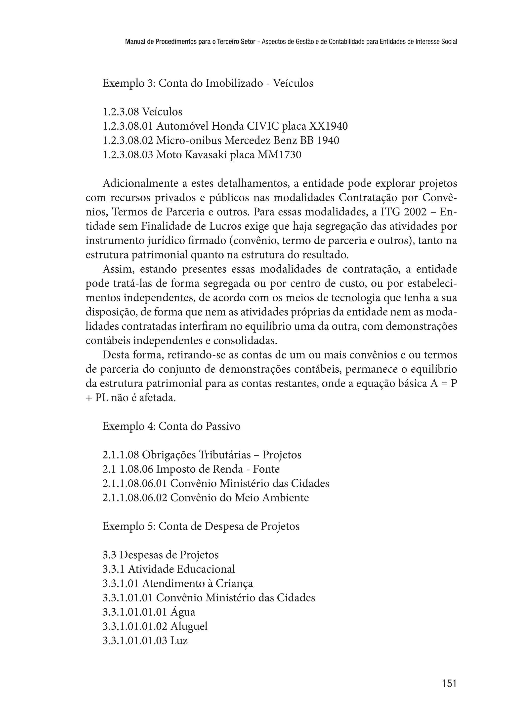 Manual de Procedimentos para o Terceiro Setor - Aspectos de Gestão e de Contabilidade para Entidades de Interesse Social
151
Exemplo 3: Conta do Imobilizado - Veículos
1.2.3.08 Veículos
1.2.3.08.01 Automóvel Honda CIVIC placa XX1940
1.2.3.08.02 Micro-onibus Mercedez Benz BB 1940
1.2.3.08.03 Moto Kavasaki placa MM1730
Adicionalmente a estes detalhamentos, a entidade pode explorar projetos
com recursos privados e públicos nas modalidades Contratação por Convê-
nios, Termos de Parceria e outros. Para essas modalidades, a ITG 2002 – En-
tidade sem Finalidade de Lucros exige que haja segregação das atividades por
instrumento jurídico firmado (convênio, termo de parceria e outros), tanto na
estrutura patrimonial quanto na estrutura do resultado.
Assim, estando presentes essas modalidades de contratação, a entidade
pode tratá-las de forma segregada ou por centro de custo, ou por estabeleci-
mentos independentes, de acordo com os meios de tecnologia que tenha a sua
disposição, de forma que nem as atividades próprias da entidade nem as moda-
lidades contratadas interfiram no equilíbrio uma da outra, com demonstrações
contábeis independentes e consolidadas.
Desta forma, retirando-se as contas de um ou mais convênios e ou termos
de parceria do conjunto de demonstrações contábeis, permanece o equilíbrio
da estrutura patrimonial para as contas restantes, onde a equação básica A = P
+ PL não é afetada.
Exemplo 4: Conta do Passivo
2.1.1.08 Obrigações Tributárias – Projetos
2.1 1.08.06 Imposto de Renda - Fonte
2.1.1.08.06.01 Convênio Ministério das Cidades
2.1.1.08.06.02 Convênio do Meio Ambiente
Exemplo 5: Conta de Despesa de Projetos
3.3 Despesas de Projetos
3.3.1 Atividade Educacional
3.3.1.01 Atendimento à Criança
3.3.1.01.01 Convênio Ministério das Cidades
3.3.1.01.01.01 Água
3.3.1.01.01.02 Aluguel
3.3.1.01.01.03 Luz
 