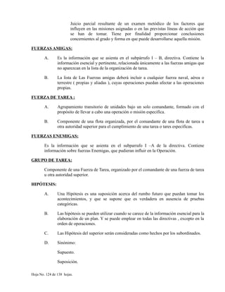 Juicio parcial resultante de un examen metódico de los factores que
influyen en las misiones asignadas o en las previstas líneas de acción que
se han de tomar. Tiene por finalidad proporcionar conclusiones
concernientes al grado y forma en que puede desarrollarse aquella misión.
FUERZAS AMIGAS:
A. Es la información que se asienta en el subpárrafo I – B, directiva. Contiene la
información esencial y pertinente, relacionada únicamente a las fuerzas amigas que
no aparezcan en la lista de la organización de tarea.
B. La lista de Las Fuerzas amigas deberá incluir a cualquier fuerza naval, aérea o
terrestre ( propias y aliadas ), cuyas operaciones puedan afectar a las operaciones
propias.
FUERZA DE TAREA :
A. Agrupamiento transitorio de unidades bajo un solo comandante, formado con el
propósito de llevar a cabo una operación o misión especifica.
B. Componente de una flota organizada, por el comandante de una flota de tarea u
otra autoridad superior para el cumplimiento de una tarea o tares especificas.
FUERZAS ENEMIGAS:
Es la información que se asienta en el subparrafo I –A de la directiva. Contiene
información sobre fuerzas Enemigas, que pudieran influir en la Operación.
GRUPO DE TAREA:
Componente de una Fuerza de Tarea, organizado por el comandante de una fuerza de tarea
u otra autoridad superior.
HIPÓTESIS:
A. Una Hipótesis es una suposición acerca del rumbo futuro que puedan tomar los
acontecimientos, y que se supone que es verdadera en ausencia de pruebas
categóricas.
B. Las hipótesis se pueden utilizar cuando se carece de la información esencial para la
elaboración de un plan. Y se puede emplear en todas las directivas , excepto en la
orden de operaciones.
C. Las Hipótesis del superior serán consideradas como hechos por los subordinados.
D. Sinónimo:
Supuesto.
Suposición.
Hoja No. 124 de 138 hojas.
 