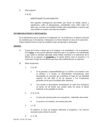 E. Otra acepción
F. B. M.
HIPOTESISDE PLANEAMIENTO
Son aquellas contingencias previsibles que tienen un influjo directo y
significativo sobre el planeamiento, entendiendo como talles todos los
datos que, sin tener aun realidad ni haber sido comprobados, es preciso que
sean tenidos en cuenta como base de estudios.
INCORPARACIONES Y DESTAQUES:
Es la información que se asienta en el subparrafo I-C, de la Directiva. Contiene la lista de
las unidades que se incorporan o destacaran a la fuerza durante el curso de la operación .
Indica también la hora en que las unidades serán incorporadas o destacadas.
MISIÓN.
A. Consta de la tarea o tareas que se le asignen a un comandante y de su propósito.
(Una tarea es una acción operativa especifica que se le impone a un subordinado
y que cundo se satisface adecuada mente lo9gra contribuir a la realización de la
Misión de su superior. Al propósito se le puede definir como el incentivo y la
razón para el logro de una Misión que haya sido establecida por un superior).
B. Otras Acepciones:
1. F. B. M
a Es la potestad y responsabilidad que se confiere a un mando o este
se atribuye a si mismo, en determinadas circunstancias, para
desempeñar un cometido que contribuya al logro de una finalidad
superior. En ella debe el fin de alcanzar y Las Condiciones
generales en las que el resultado debe obtenerse.
b Una misión se descompone normalmente en cada nivel jerárquico
en tareas, de tal forma, que cuando todas las tareas se hayan
realizado se ha cumplido la misión.
2. S. D. N. M.
a La tarea por ejecutar junto con su propósito , indicando clara mente
b La acción a ser tomada y las rezones para ello.
3. J. I. D
El objetivo, la tarea en conjunto indicando el propósito y los motivos
necesarios para realizar la acción.
4. C. E. M.
Hoja No. 125 de 138 hojas.
 