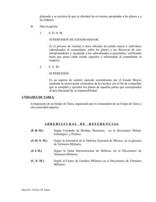 planeado y se cerciora de que se efectúen las revisiones apropiadas a los planes y a
las órdenes.
B. Otra Acepción.
1. S. D. N. M.
SUPERVISION DE ESTADO MAYOR.
Es el proceso de orientar a otros oficiales de estado mayor e individuos
subordinados al comandante, sobre los planes y las directivas de este,
interpretándolos y ayudando a los subordinados a ejecutarlos, verificando
hasta que punto están siendo seguidos e informando al comandante al
respecto.
2. C. E. M.
SUPERVISIÓN.
Es un aspecto de control, ejercido normalmente por el Estado Mayor,
mediante la observación sistemática de los hechos con el fin de comprobar
que se cumplan y ejecuten los planes de aquellas partes que corresponden
al área funcional de su responsabilidad.
UNIDADES DE TAREA.
Componente de un Grupo de Tarea, organizado por el comandante de un Grupo de Tarea u
otra autoridad superior.
A B R E B I A T U R A S D E R E F E R E N C I A S.
(F. B. M.) Según Fernando de Bordeje Morencos, en el diccionario Militar,
Estratégico y Político.
(S. D. N. M.) Según la Secretaria de la Defensa Nacional de México, en el glosario
de Términos Militares.
(J. I. D.) Según la Junta Interamericana de Defensa, en el Diccionario de
Términos Militares.
(C. E. M.) Según el Centro de Estudios Militares en el Diccionario de Términos
Militares.
Hoja No. 136 de 138 hojas.
 