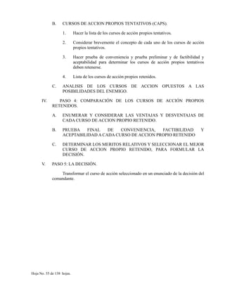 B. CURSOS DE ACCION PROPIOS TENTATIVOS (CAPS).
1. Hacer la lista de los cursos de acción propios tentativos.
2. Considerar brevemente el concepto de cada uno de los cursos de acción
propios tentativos.
3. Hacer prueba de conveniencia y prueba preliminar y de factibilidad y
aceptabilidad para determinar los cursos de acción propios tentativos
deben retenerse.
4. Lista de los cursos de acción propios retenidos.
C. ANALISIS DE LOS CURSOS DE ACCION OPUESTOS A LAS
POSIBILIDADES DEL ENEMIGO.
IV. PASO 4: COMPARACIÓN DE LOS CURSOS DE ACCIÓN PROPIOS
RETENIDOS.
A. ENUMERAR Y CONSIDERAR LAS VENTAJAS Y DESVENTAJAS DE
CADA CURSO DE ACCION PROPIO RETENIDO.
B. PRUEBA FINAL DE CONVENIENCIA, FACTIBILIDAD Y
ACEPTABILIDAD A CADA CURSO DE ACCION PROPIO RETENIDO
C. DETERMINAR LOS MERITOS RELATIVOS Y SELECCIONAR EL MEJOR
CURSO DE ACCION PROPIO RETENIDO, PARA FORMULAR LA
DECISIÓN.
V. PASO 5: LA DECISIÓN.
Transformar el curso de acción seleccionado en un enunciado de la decisión del
comandante.
Hoja No. 55 de 138 hojas.
 