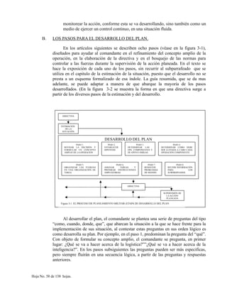 monitorear la acción, conforme esta se va desarrollando, sino también como un
medio de ejercer un control continuo, en una situación fluida.
B. LOS PASOS PARA EL DESARROLLO DEL PLAN.
En los artículos siguientes se describen ocho pasos (véase en la figura 3-1),
diseñados para ayudar al comandante en el refinamiento del concepto amplio de la
operación, en la elaboración de la directiva y en el bosquejo de las normas para
controlar a las fuerzas durante la supervisión de la acción planeada. En el texto se
hace la exposición de cada uno de los pasos, sin recurrir al subparrafeado que se
utiliza en el capitulo de la estimación de la situación, puesto que el desarrollo no se
presta a un esquema formalizado de esa índole. La guía resumida, que se da mas
adelante, se puede adaptar a manera de que abarque la mayoría de los pasos
desarrollados. (En la figura 3-2 se muestra la forma en que una directiva surge a
partir de los diversos pasos de la estimación y del desarrollo.
Al desarrollar el plan, el comandante se plantea una serie de preguntas del tipo
“como, cuando, donde, que”, que abarcan la situación a la que se hace frente para la
implementación de sus situación, al contestar estas preguntas en sus orden lógico es
como desarrolla su plan. Por ejemplo, en el paso 1, predominan la pregunta del “qué”.
Con objeto de formular su concepto amplio, el comandante se pregunta, en primer
lugar: ¿Qué se va a hacer acerca de la logística?””¿Qué se va a hacer acerca de la
inteligencia?”. En los pasos subsiguientes las preguntas pueden ser más especificas,
pero siempre fluirán en una secuencia lógica, a partir de las preguntas y respuestas
anteriores.
Hoja No. 58 de 138 hojas.
Figura 3-1. EL PROCESO DE PLANEAMIENTO MILITAR (ETAPA DE DESARROLLO DEL PLAN
DESARROLLO DEL PLAN
PASO 1.
REVISAR LA DECISIÓN Y
FORMULAR UN CONCEPTO
AMPLIO DE LA OPERACION
PASO 2.
ESTABLECER
HIPOTESIS
PASO 3.
DETERMINAR LAS
OPS. COMPONENTES Y
DE APOYO AMIGAS
PASO 4.
DETERMINAR COMO DEBE
SER LLEVADA A CABO CADA
OPERACIÓN COMPONENTE.
PASO 5.
ORGANIZAR LAS FUERZAS
EN UNA ORGANIZACIÓN DE
TAREA.
PASO 6.
ASIGNAR TAREAS Y
PREPARAR INSTRUCCIONES
AMPLIATORIAS
PASO 7.
RESOLVER
PROBLEMAS
DE MANDO.
PASO 8.
REUNIR INFORMACIÓN
PARA LOS
SUBORDINADOS.
DIRECTIVA
ESTIMACION
DE LA
SITUACIÓN
SUPERVISIÓN DE
LAACCIÓN
PLANEADA
DIRECTIVA
 
