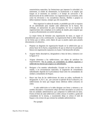 características especiales, las limitaciones que imponen la velocidad y la
autonomía, el estado de alistamiento, la localización o el empleo que
tengan en el momento en cuestión y el tiempo de activación o de
desactivación de las subdivisiones. Las organizaciones ya existentes, tales
como las divisiones o los escuadrones (fuerzas, flotillas o grupos) se
deben mantener intactas, siempre que ello sea posible.
Para organizar la cadena de mando, es probable que solo se requiera
de un subordinado para mandar cada subdivisión de la fuerza. Sin
embargo, en operaciones de gran envergadura, tal vez se requiera de
organizaciones más complejas en la cadena de mando, para asegurar que
se ejerza eficientemente un control adecuado.
La mejor forma de formular una organización de tarea, es seguir el
procedimiento que se da a continuación. La organización final se debe redactar
en lar forma que se indica, como objeto de que se pueda copiar para pasarla
directamente a la directiva.
a. Preparar un diagrama de organización basado en la subdivisión que se
piense hacer de la fuerza, asegurándose de que se observen los principios
básicos de organización expuestos en el paso 3 del desarrollo del plan.
b. Asignar títulos descriptivos, designadores a base de letra y números (ver
la figura 4-1)
c. Asignar elementos a las subdivisiones, con objeto de satisfacer los
requerimientos. Por lo común, un comandante no deberá organizar o
subdividir las fuerzas que asigna a us subordinados.
d. Designar a los mandos subordinados. Excepto en los altos niveles de
mando, o en circunstancias especiales, la asignación de comandantes
subordinados depende de la procedencia lineal entre los comandantes de
unidad y comandantes de buques.
e. Hacer una lista de las subdivisiones de tarea en orden, recibiendo la
designación: A, B, C, etc., por convenir al párrafo III de la directiva, las
subdivisiones de tarea que tengan tareas idénticas deben colocarse en
orden.
A cada subdivisión se le debe designar con letras y números y en
nombre descriptivo. Exactamente abajo del título descriptivo se coloca la
lista de unidades administrativas que componen la subdivisión de tarea.
Frente al título de cada subdivisión se debe colocar el nombre y grado del
comandante de la misma, y exactamente abajo se coloca el total de
buques o de aviones de que constan las unidades administrativas.
Por ejemplo:
Hoja No. 69 de 138 hojas.
 