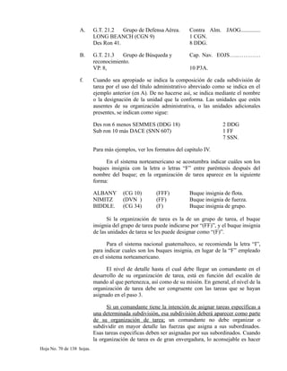 A. G.T. 21.2 Grupo de Defensa Aérea. Contra Alm. JAOG..............
LONG BEANCH (CGN 9) 1 CGN.
Des Ron 41. 8 DDG.
B. G.T. 21.3 Grupo de Búsqueda y Cap. Nav. EOJS…..…………
reconocimiento.
VP. 8, 10 P3A.
f. Cuando sea apropiado se indica la composición de cada subdivisión de
tarea por el uso del título administrativo abreviado como se indica en el
ejemplo anterior (en A). De no hacerse así, se indica mediante el nombre
o la designación de la unidad que la conforma. Las unidades que estén
ausentes de su organización administrativa, o las unidades adicionales
presentes, se indican como sigue:
Des ron 6 menos SEMMES (DDG 18) 2 DDG
Sub ron 10 más DACE (SNN 607) 1 FF
7 SSN.
Para más ejemplos, ver los formatos del capitulo IV.
En el sistema norteamericano se acostumbra indicar cuáles son los
buques insignia con la letra o letras “F” entre paréntesis después del
nombre del buque; en la organización de tarea aparece en la siguiente
forma:
ALBANY (CG 10) (FFF) Buque insignia de flota.
NIMITZ (DVN ) (FF) Buque insignia de fuerza.
BIDDLE. (CG 34) (F) Buque insignia de grupo.
Si la organización de tarea es la de un grupo de tarea, el buque
insignia del grupo de tarea puede indicarse por “(FF)”, y el buque insignia
de las unidades de tarea se les puede designar como “(F)”.
Para el sistema nacional guatemalteco, se recomienda la letra “I”,
para indicar cuales son los buques insignia, en lugar de la “F” empleado
en el sistema norteamericano.
El nivel de detalle hasta el cual debe llegar un comandante en el
desarrollo de su organización de tarea, está en función del escalón de
mando al que pertenezca, así como de su misión. En general, el nivel de la
organización de tarea debe ser congruente con las tareas que se hayan
asignado en el paso 3.
Si un comandante tiene la intención de asignar tareas específicas a
una determinada subdivisión, esa subdivisión deberá aparecer como parte
de su organización de tarea; un comandante no debe organizar o
subdividir en mayor detalle las fuerzas que asigna a sus subordinados.
Esas tareas especificas deben ser asignadas por sus subordinados. Cuando
la organización de tarea es de gran envergadura, lo aconsejable es hacer
Hoja No. 70 de 138 hojas.
 