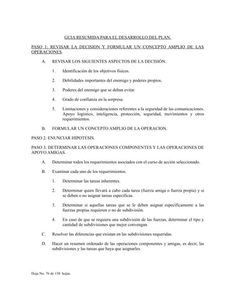 GUIA RESUMIDA PARA EL DESARROLLO DEL PLAN.
PASO 1: REVISAR LA DECISION Y FORMULAR UN CONCEPTO AMPLIO DE LAS
OPERACIONES.
A. REVISAR LOS SIGUIENTES ASPECTOS DE LA DECISIÓN.
1. Identificación de los objetivos físicos.
2. Debilidades importantes del enemigo y poderes propios.
3. Poderes del enemigo que se deban evitar.
4. Grado de confianza en la sorpresa.
5. Limitaciones y consideraciones referentes a la seguridad de las comunicaciones.
Apoyo logístico, inteligencia, protección, seguridad, movimientos y otros
requerimientos.
B. FORMULAR UN CONCEPTO AMPLIO DE LA OPERACION.
PASO 2: ENUNCIAR HIPOTESIS.
PASO 3: DETERMINAR LAS OPERACIONES COMPONENTES Y LAS OPERACIONES DE
APOYO AMIGAS.
A. Determinar todos los requerimientos asociados con el curso de acción seleccionado.
B. Examinar cada uno de los requerimientos.
1. Determinar las tareas inherentes.
2. Determinar quien llevará a cabo cada tarea (fuerza amiga o fuerza propia) y si
se deben o no asignar tareas específicas.
3. Determinar si aquellas tareas que se le deben asignar específicamente a las
fuerzas propias requieren o no de subdivisión.
4. En caso de que se requiera una subdivisión de las fuerzas, determinar el tipo y
cantidad de subdivisiones que mejor convengan.
C. Resolver las diferencias que existan en las subdivisiones requeridas.
D. Hacer un resumen ordenado de las operaciones componentes y amigas, es decir, las
subdivisiones y las tareas que haya que asignarles.
Hoja No. 76 de 138 hojas.
 