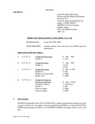SECRETO
EJEMPLO:
Copia No XX de XX copias.
Fuerzas Navales Blanco del Pacífico
Norte GT 19-1
Grupo de ataque de portaviones de
ataque y COMCARDIV 5
MIDWAY (CVA 41) Insignia.
Kodiak, Alaska.
GFH: 301200MAYO1966.
ABC 123.
ORDEN DE OPERACIONES COMCARDIV 5 No. 2-66
REFERENCIAS: Cartas HO 5799, 5050.
HUSO HORARIO: Emplear número de la zona mas once (XRAY) para las
operaciones.
ORGANIZACIÓN DE TAREA.
A. U.T. 91.1.1 Unidad de Portaviones. C. Alm. WB
CarDiv 5. 2 CVA
B. U.T. 91.1.2 Unidad de Apoyo. C. Alm. WG
GruDiv 3. 1 CAG
2 CLG
C. U.T. 91.1.3. Unidad de Cortina. C. Alm. N. WC.
DesRon 11. 8 DD.
DesRon 31 (menos dos) 6 DDG
DesDiv 410. 4 DDR
D. U.T. 91.1.4. Unidad de Ataque de.
Acción de superficie. C. Alm. N. WO.
(Cuando se forme) 3 CAG/CLG.
CruDiv 3 8 DD
Como se asigne. 2 DDR
Como se asigne. 2 DDG
I. SITUACION.
NEGRO ha capturado la Isla ATTU de BLANCO y planea construir bases operativas naval
y aéreas en dicha isla. Se requiere evitar la expansión de NEGRO en el área del PACIFICO
NORTE para proteger ALASKA y los ESTADOS UNIDOS de ataques desde el aire y del
mar.
Hoja No. 95 de 138 hojas.
 