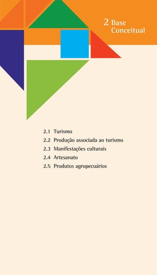 2 Base
Conceitual
2.1 Turismo
2.2 Produção associada ao turismo
2.3 Manifestações culturais
2.4 Artesanato
2.5 Produtos agropecuários
 