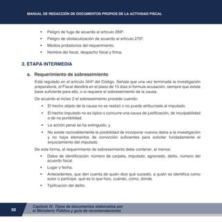MANUAL DE REDACCIÓN DE DOCUMENTOS PROPIOS DE LA ACTIVIDAD FISCAL
50
•	 Peligro de fuga de acuerdo al artículo 269º.
•	 Peligro de obstaculización de acuerdo al artículo 270º.
•	 Medios probatorios del requerimiento.
•	 Nombre del fiscal, despacho fiscal y firma.
3. ETAPA INTERMEDIA
a.	 Requerimiento de sobreseimiento
Está regulado en el artículo 344º del Código. Señala que una vez terminada la investigación
preparatoria, el Fiscal decidirá en el plazo de 15 días si formula acusación, siempre que exista
base suficiente para ello, o si requiere el sobreseimiento de la causa.
De acuerdo al inciso 2 el sobreseimiento procede cuando:
•	 El hecho objeto de la causa no se realizó o no puede atribuírsele al imputado.
•	 El hecho imputado no es típico o concurre una causa de justificación, de inculpabilidad
o de no punibilidad.
•	 La acción penal se ha extinguido, y
•	 No existe razonablemente la posibilidad de incorporar nuevos datos a la investigación
y no haya elementos de convicción suficientes para solicitar fundadamente el
enjuiciamiento del imputado.
De esta forma, el requerimiento de sobreseimiento debe contener, al menos:
•	 Datos de identificación: número de carpeta, imputado, agraviado, delito, número del
acuerdo fiscal.
•	 Lugar y fecha.
•	 Antecedentes, que den cuenta de quién dice qué sucedió, a quién se identifica como
autor o partícipe, qué es lo que hizo, cuándo, cómo, dónde.
•	 Tipificación del delito.
Capítulo IV. Tipos de documentos elaborados por
el Ministerio Público y guía de recomendaciones
 