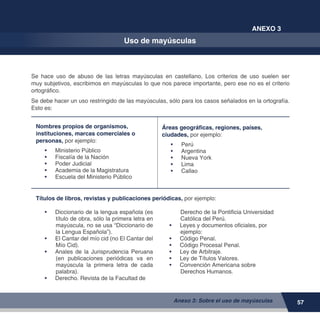 57
ANEXO 3
Uso de mayúsculas
Anexo 3: Sobre el uso de mayúsculas
Se hace uso de abuso de las letras mayúsculas en castellano, Los criterios de uso suelen ser
muy subjetivos, escribimos en mayúsculas lo que nos parece importante, pero ese no es el criterio
ortográfico.
Se debe hacer un uso restringido de las mayúsculas, sólo para los casos señalados en la ortografía.
Esto es:
Nombres propios de organismos,
instituciones, marcas comerciales o
personas, por ejemplo:
•	 Ministerio Público
•	 Fiscalía de la Nación
•	 Poder Judicial
•	 Academia de la Magistratura
•	 Escuela del Ministerio Público
Áreas geográficas, regiones, países,
ciudades, por ejemplo:
•	 Perú
•	 Argentina
•	 Nueva York
•	 Lima
•	 Callao
Títulos de libros, revistas y publicaciones periódicas, por ejemplo:
•	 Diccionario de la lengua española (es
título de obra, sólo la primera letra en
mayúscula, no se usa “Diccionario de
la Lengua Española”).
•	 El Cantar del mío cid (no El Cantar del
Mío Cid).
•	 Anales de la Jurisprudencia Peruana
(en publicaciones periódicas va en
mayúscula la primera letra de cada
palabra).
•	 Derecho. Revista de la Facultad de
Derecho de la Pontificia Universidad
Católica del Perú.
•	 Leyes y documentos oficiales, por
ejemplo:
•	 Código Penal.
•	 Código Procesal Penal.
•	 Ley de Arbitraje.
•	 Ley de Títulos Valores.
•	 Convención Americana sobre
Derechos Humanos.
 