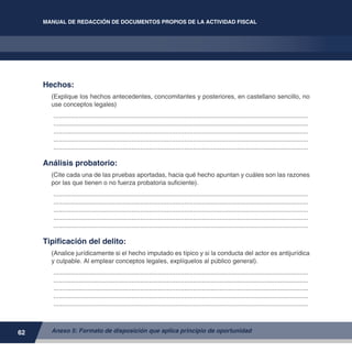 62
MANUAL DE REDACCIÓN DE DOCUMENTOS PROPIOS DE LA ACTIVIDAD FISCAL
Anexo 5: Formato de disposición que aplica principio de oportunidad
Hechos:
(Explique los hechos antecedentes, concomitantes y posteriores, en castellano sencillo, no
use conceptos legales)
.................................................................................................................................................
.................................................................................................................................................
.................................................................................................................................................
.................................................................................................................................................
.................................................................................................................................................
Análisis probatorio:
(Cite cada una de las pruebas aportadas, hacia qué hecho apuntan y cuáles son las razones
por las que tienen o no fuerza probatoria suficiente).
.................................................................................................................................................
.................................................................................................................................................
.................................................................................................................................................
.................................................................................................................................................
.................................................................................................................................................
Tipificación del delito:
(Analice jurídicamente si el hecho imputado es típico y si la conducta del actor es antijurídica
y culpable. Al emplear conceptos legales, explíquelos al público general).
.................................................................................................................................................
.................................................................................................................................................
.................................................................................................................................................
.................................................................................................................................................
.................................................................................................................................................
 